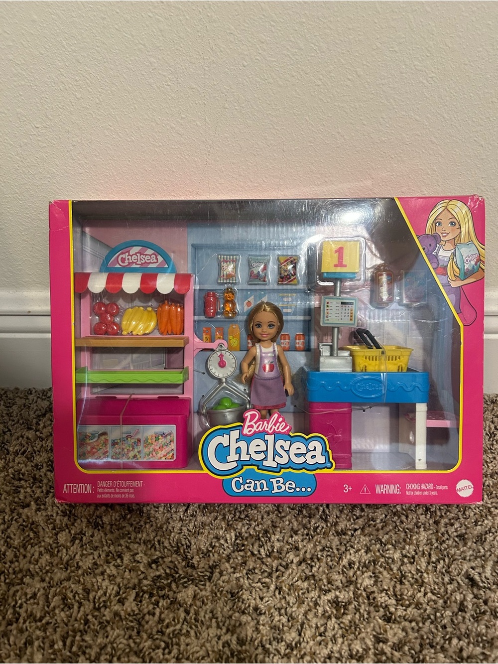 Barbie Chelsea Market Playset with Pink Packaging and Blue Checkout